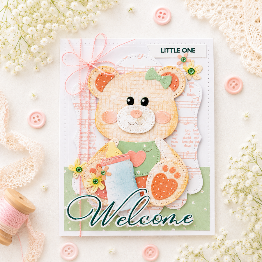 Papertrey Ink Build-A-Bear Dies pti-1099 bear orange peach green music flowers bows baby bottle hearts card