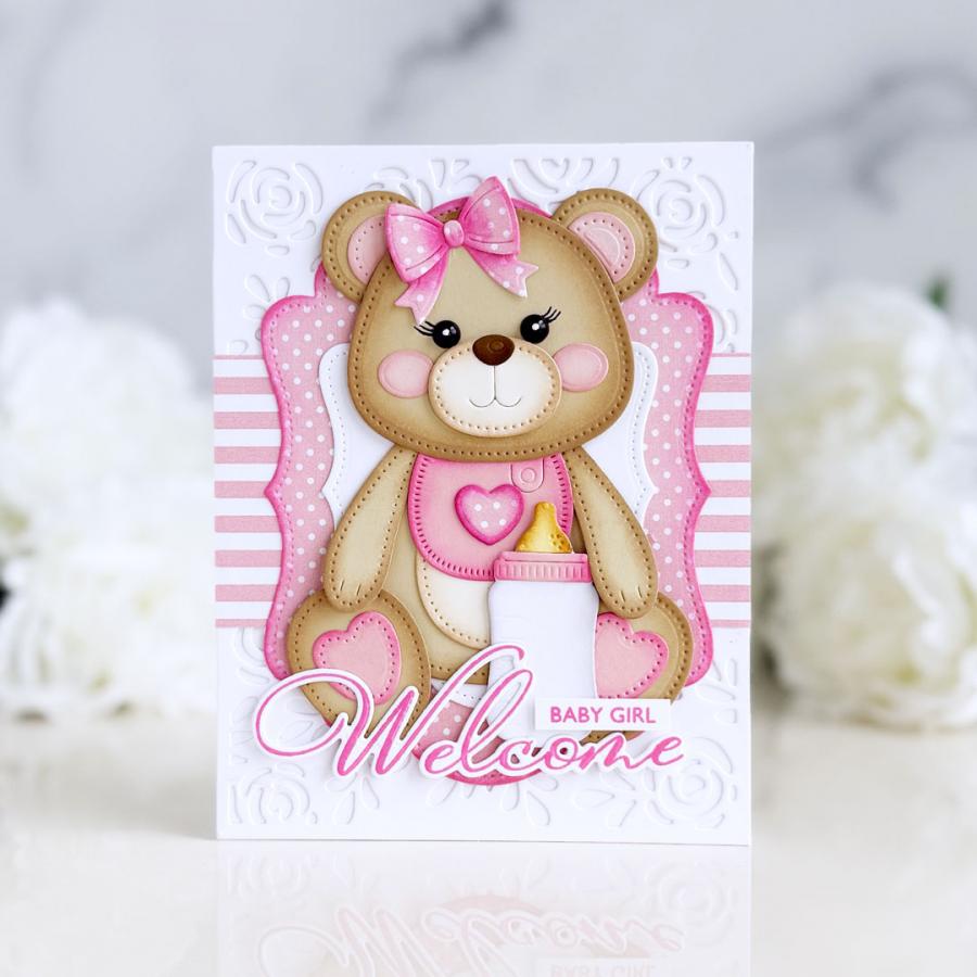 Papertrey Ink Build-A-Bear Dies pti-1099 roses pink bow polka dots stripes bib hearts baby bottle girl card