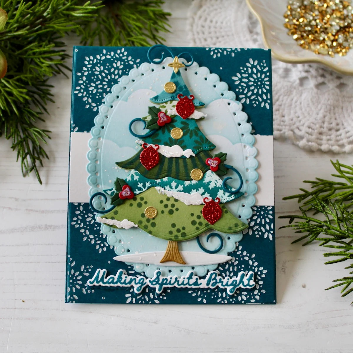 Papertrey Ink Build-A-Whimsical Tree Dies pti-1147 red glitter ornaments card