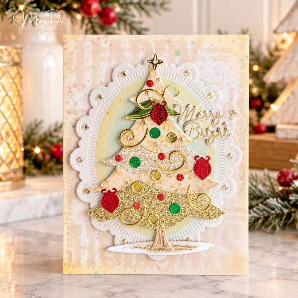 Papertrey Ink Build-A-Whimsical Tree Dies pti-1147 red gold and green ornaments card
