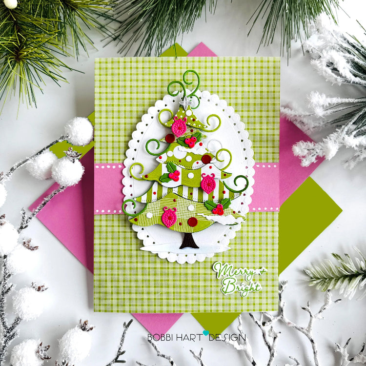 Papertrey Ink Build-A-Whimsical Tree Stencils-0116 green plaid and pink stripe card
