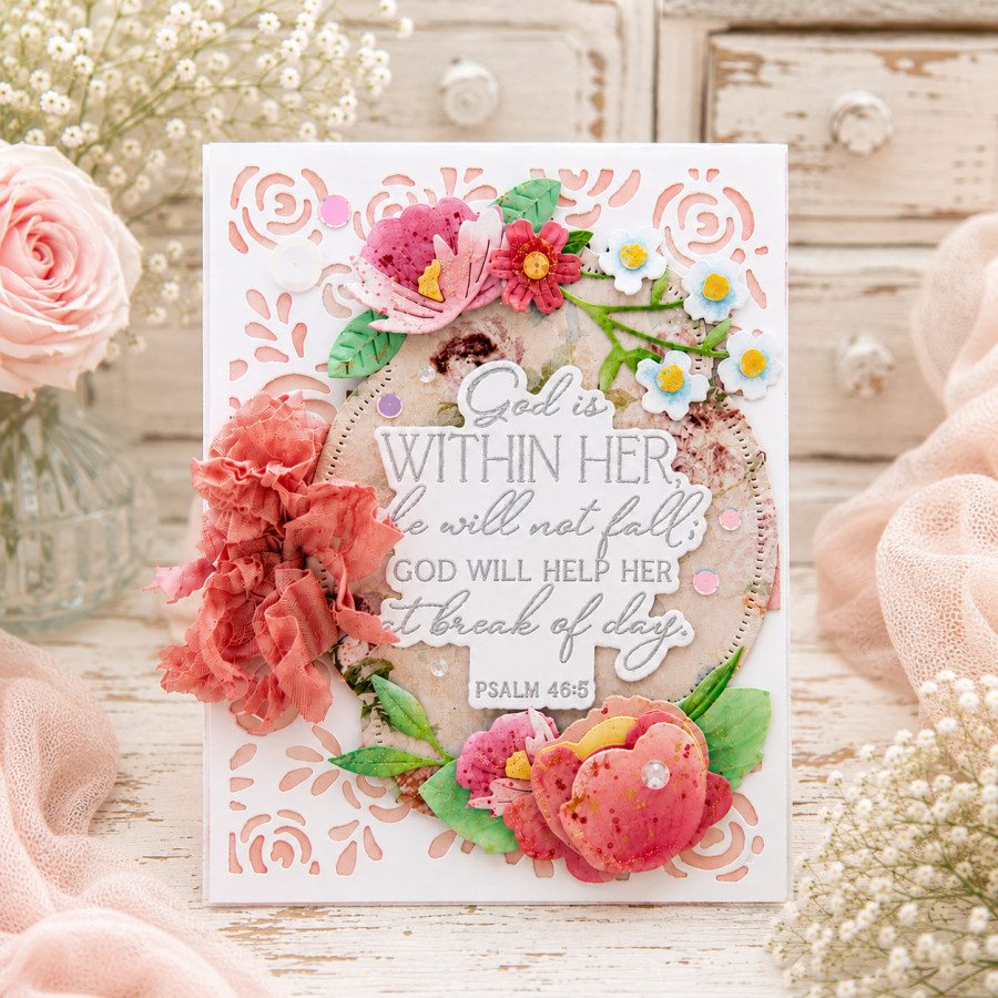 Papertrey Ink Cover Plate Gathering Florals Die pti-1103 flowers greenery roses bow sequins white pink red card