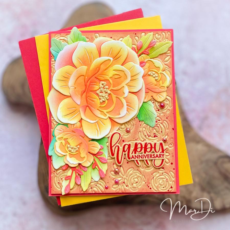Papertrey Ink Cover Plate Gathering Florals Die pti-1103 flowers greenery roses yellow peach red happy anniversary card