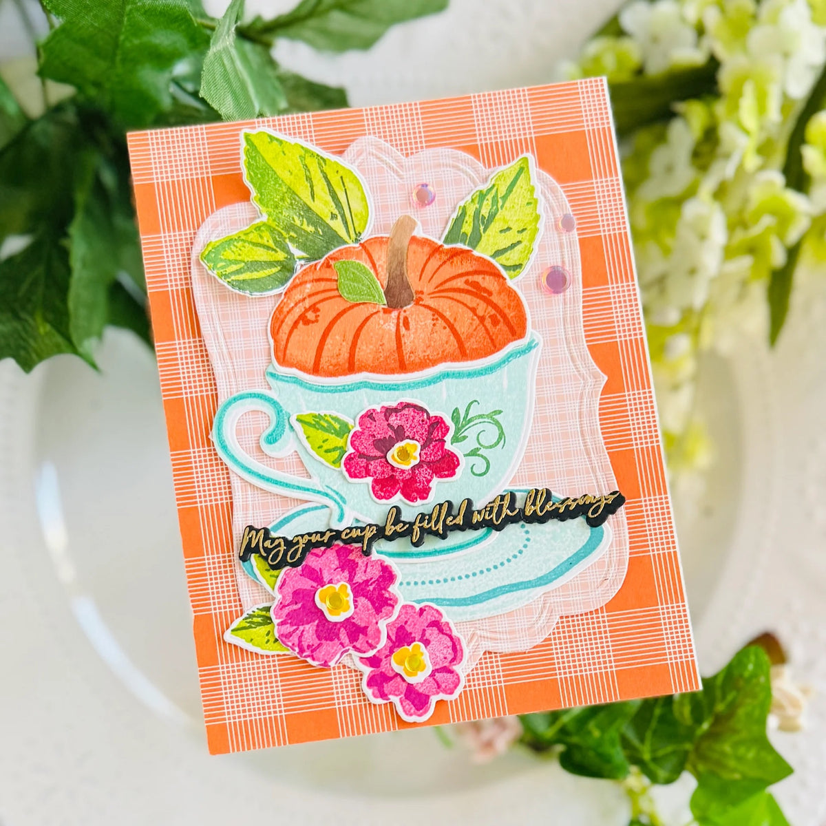 Papertrey Ink Cup of Blessings Clear Stamps 1722 orange plaid background card