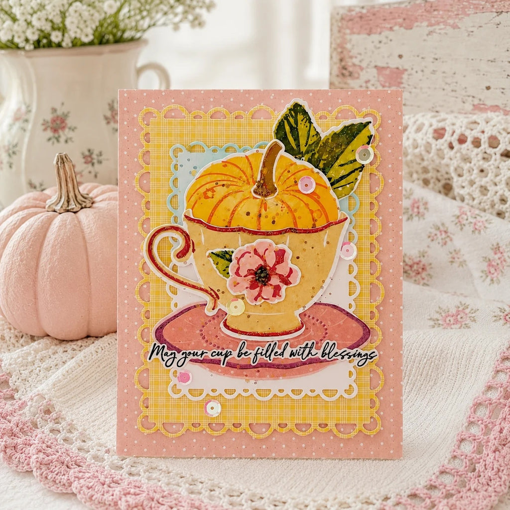Papertrey Ink Cup of Blessings Dies pti-1129 pink polkadots background card
