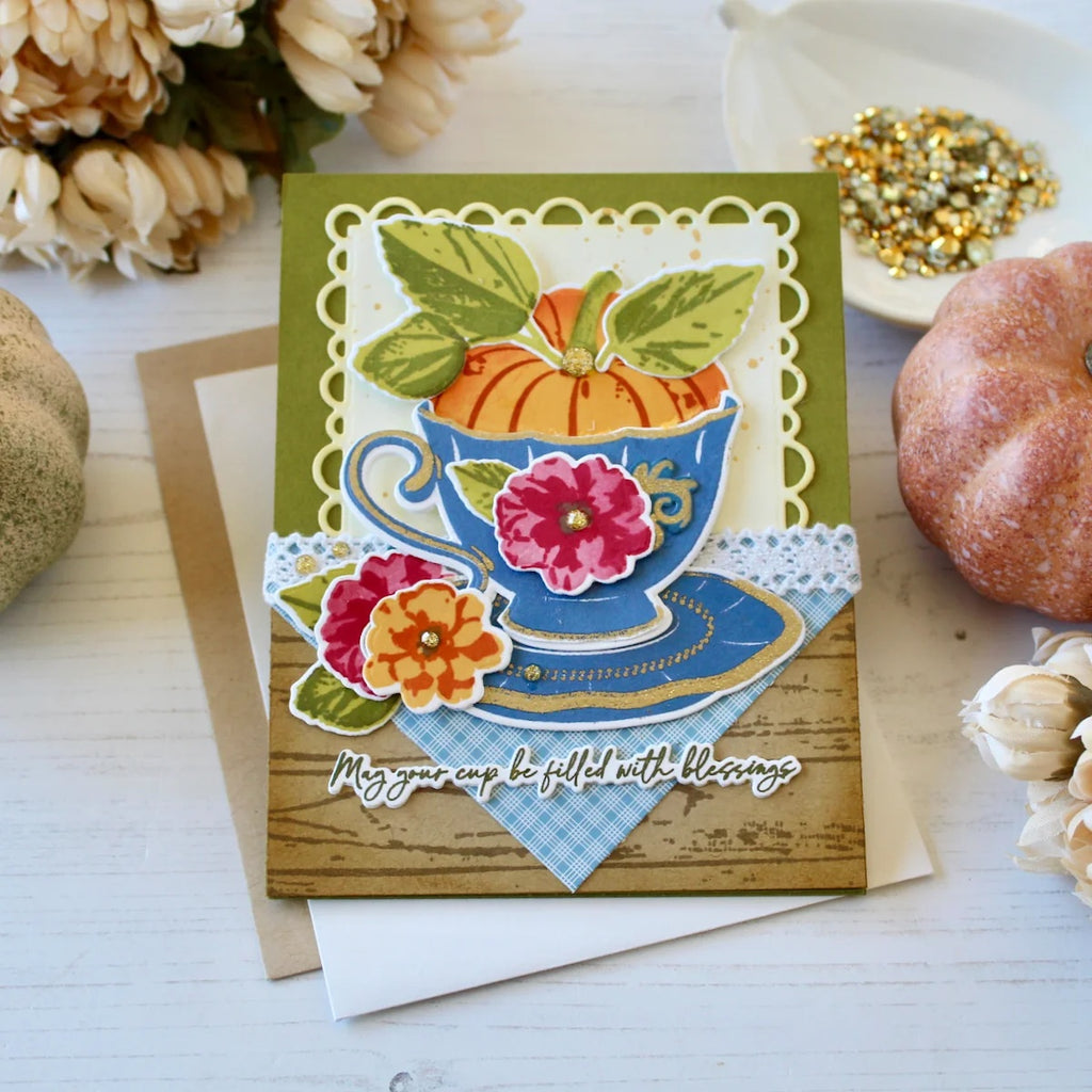Papertrey Ink Cup of Blessings Dies pti-1129 pretty flowers blue cup card