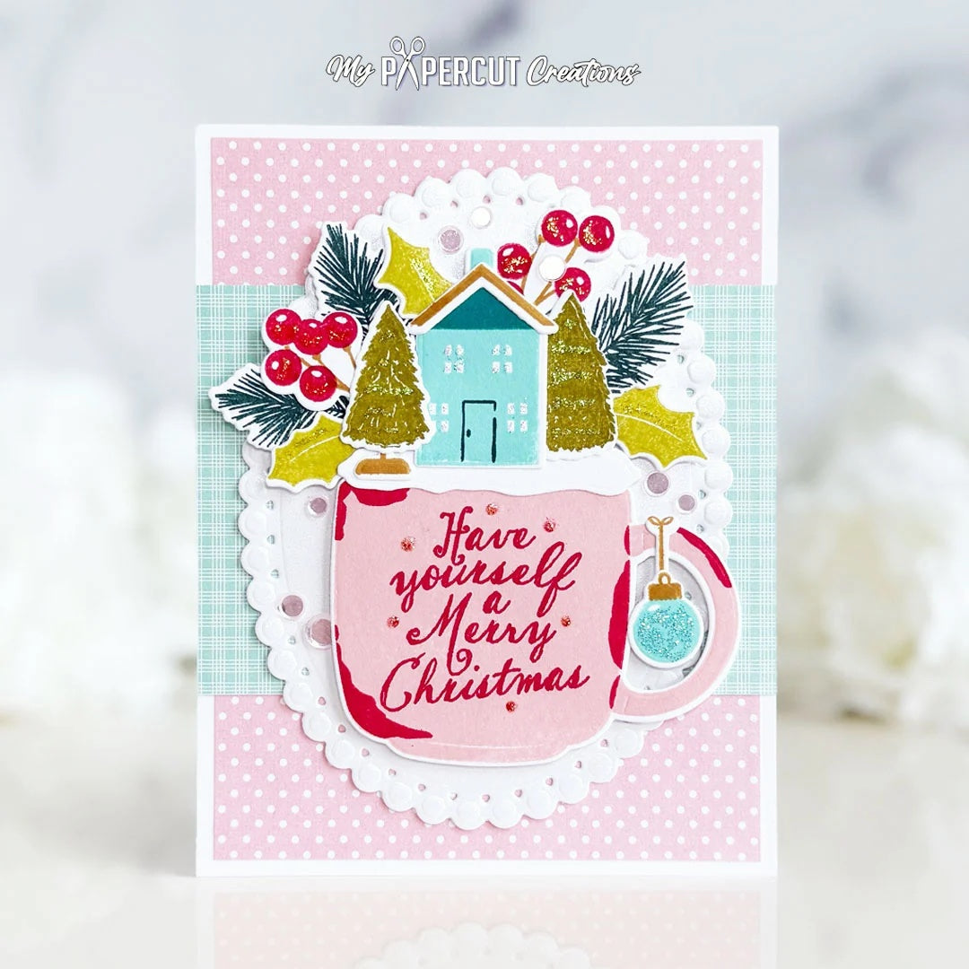 Papertrey Ink Cup of Christmas Clear Stamp and Die Set pink polka dot background card