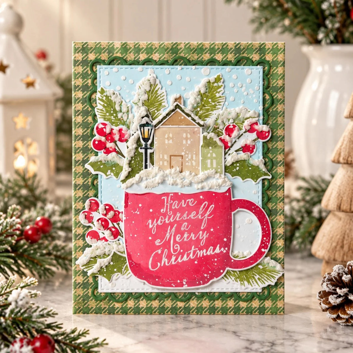Papertrey Ink Cup of Christmas Clear Stamp and Die Set plaid background red berries card