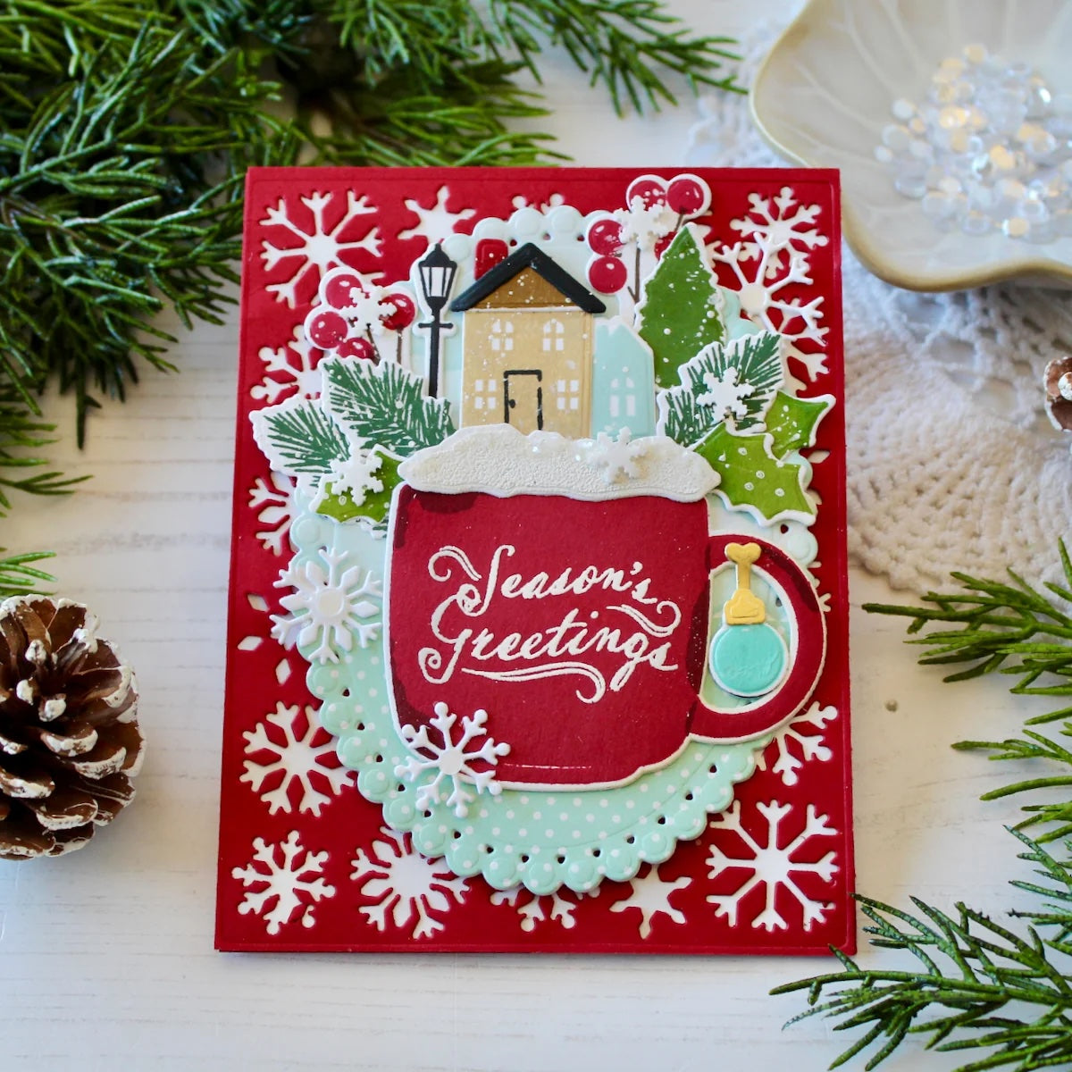 Papertrey Ink Cup of Christmas Clear Stamps 1729 red cup snowflakes background card