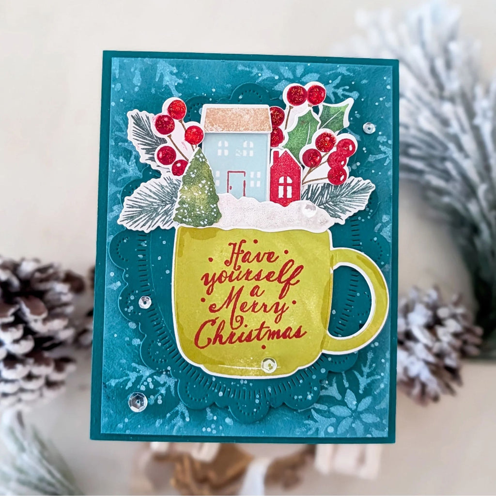 Papertrey Ink Cup of Christmas Dies pti-1140 green cup houses card