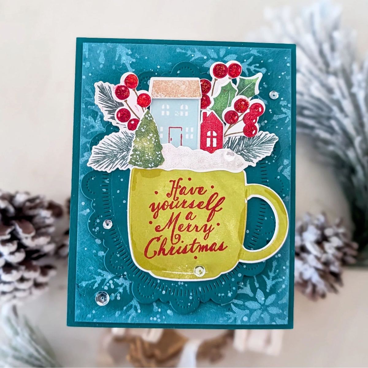 Papertrey Ink Cup of Christmas Dies pti-1140 green cup houses card