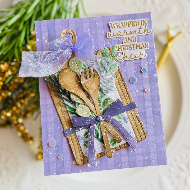 Papertrey Ink Cutting Board Tags Die and Stencil Set purple background and bow card