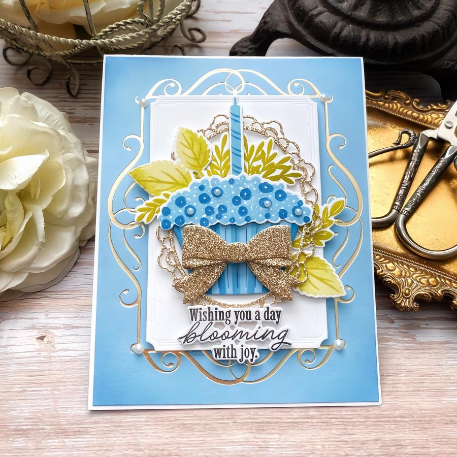 Papertrey Ink Floral Confections Clear Stamp and Die Set blue cupcake