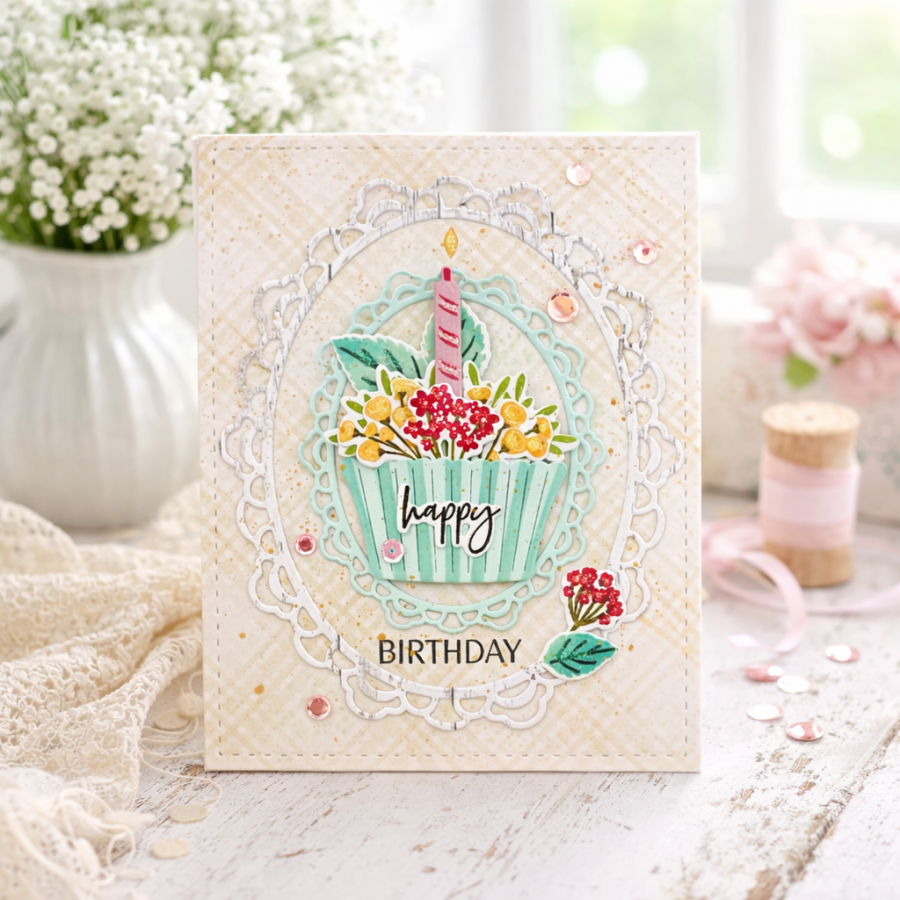 Papertrey Ink Floral Confections Clear Stamp and Die Set happy birthday