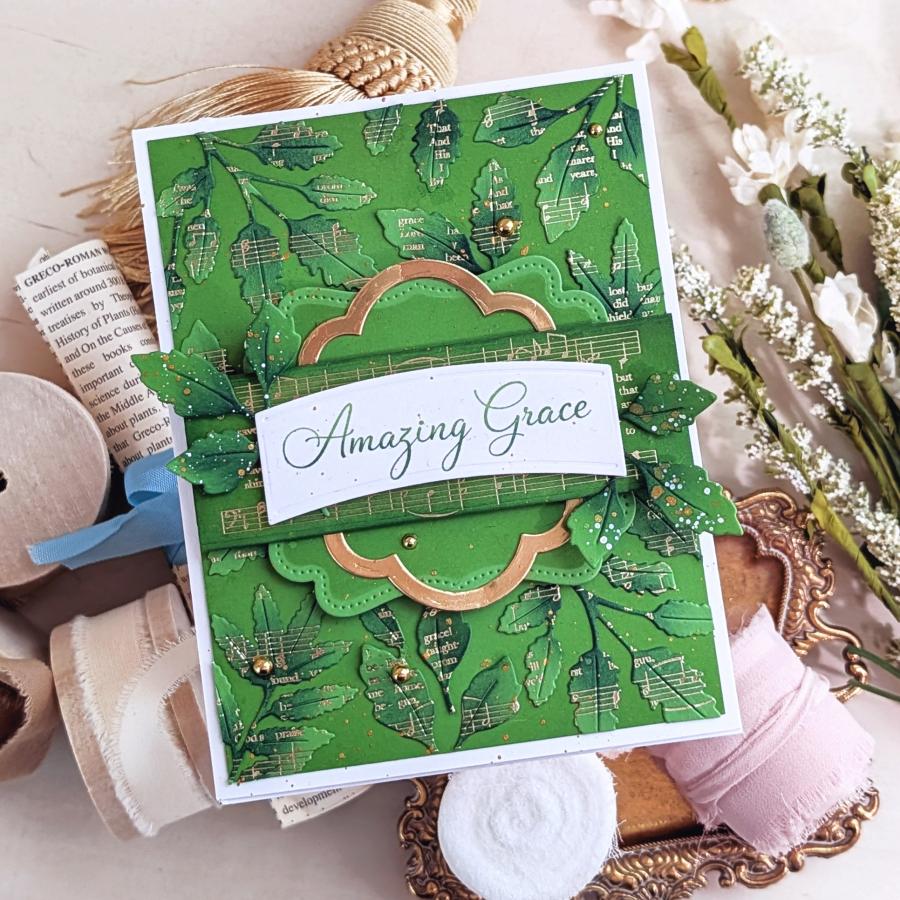 Papertrey Ink Frame Worthy Dies pti-1101 green leaves gold music frames card