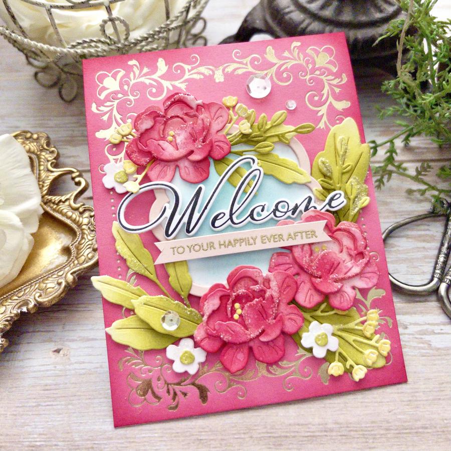Papertrey Ink Frame Worthy Dies pti-1101 pink gold red flowers greenery white sequins card