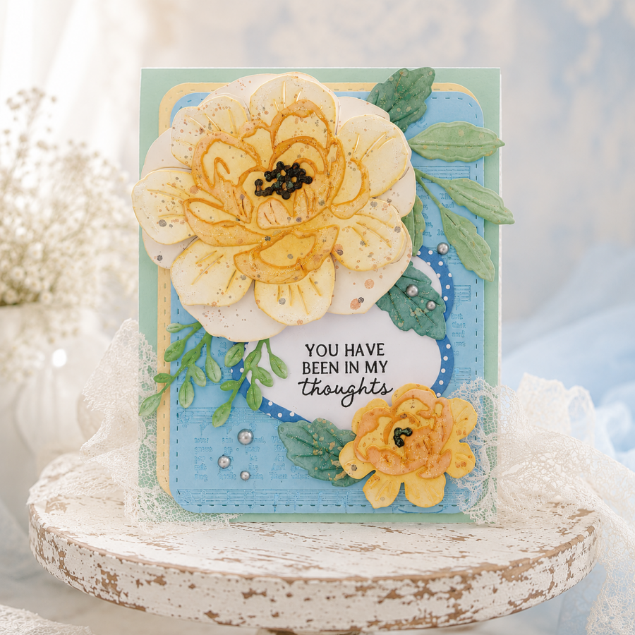 Papertrey Ink Frame Worthy Dies pti-1101 yellow roses greenery blue dots music frames card