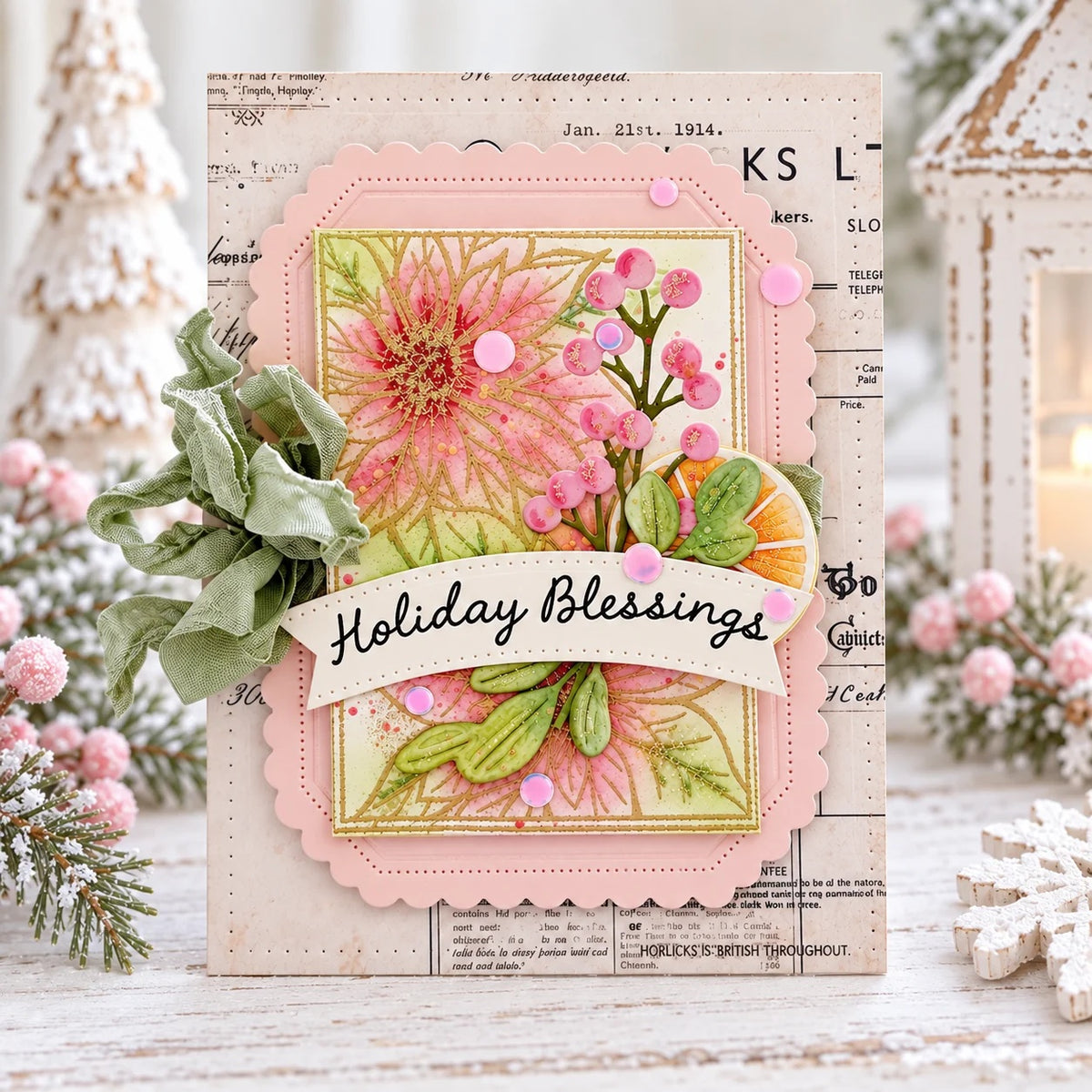 Papertrey Ink Framed In Flowers Christmas Clear Stamp Die and Stencil Set holiday blessings card