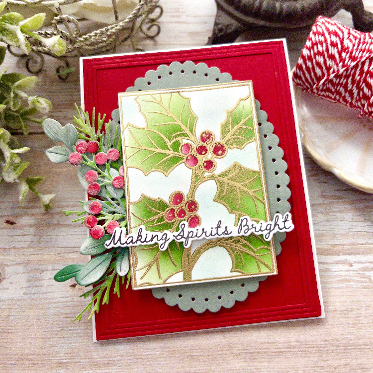 Papertrey Ink Framed In Flowers Christmas Clear Stamp Die and Stencil Set making spirits bright card