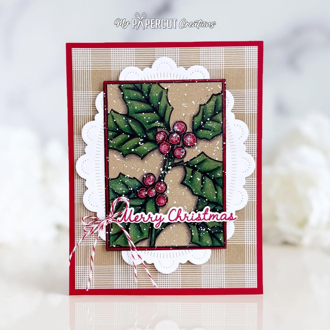 Papertrey Ink Framed In Flowers Christmas Clear Stamps 1731 plaid background card