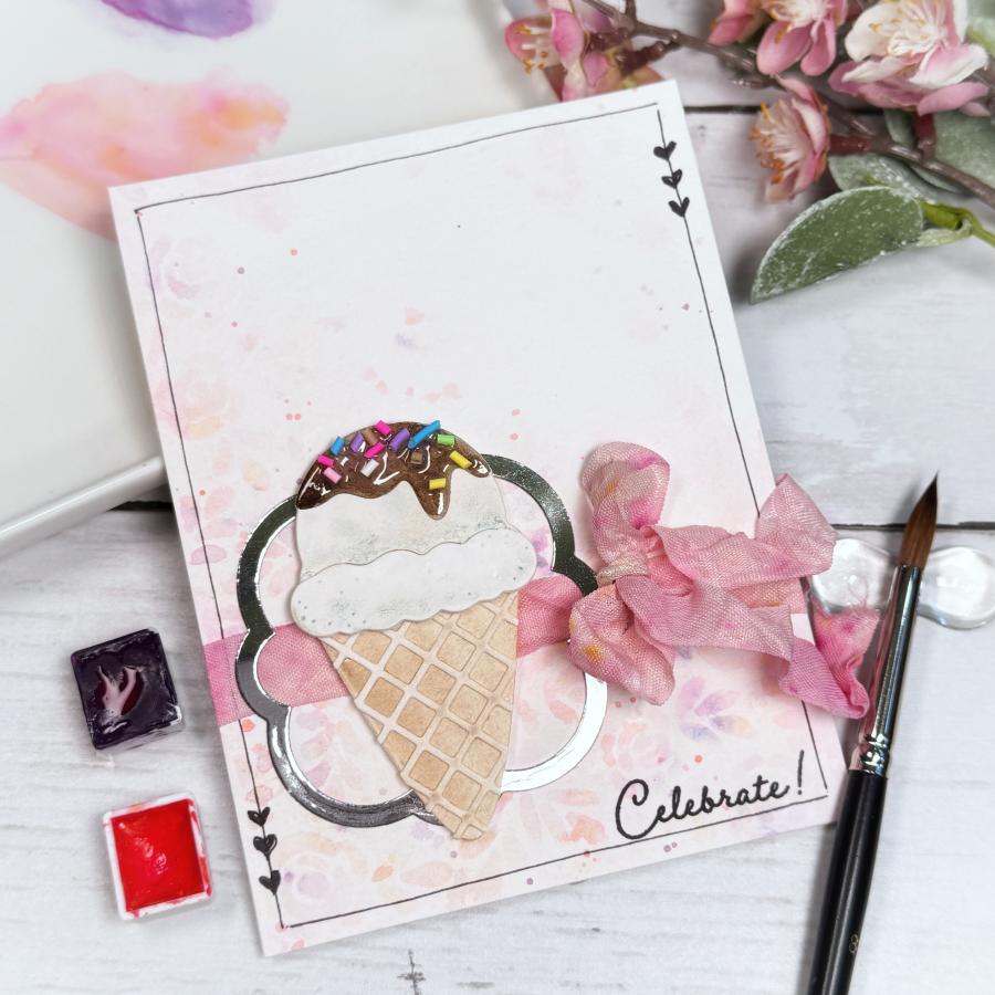 Papertrey Ink Freedom in Bloom Clear Stamps 1702 ice cream cone sprinkles silver frame hearts bow celebrate card