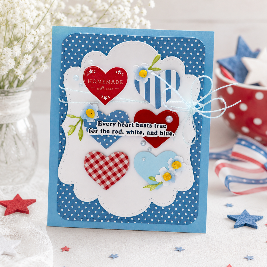Papertrey Ink Handmade with Love Clear Stamps 1706 hearts polka dots blue stripes gingham flowers greenery card