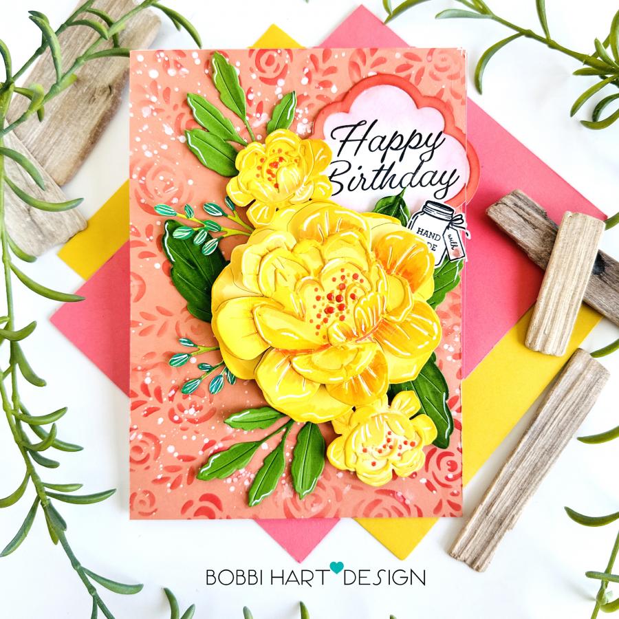 Papertrey Ink Handmade with Love Dies pti-1094 yellow flowers roses greenery jar happy birthday card