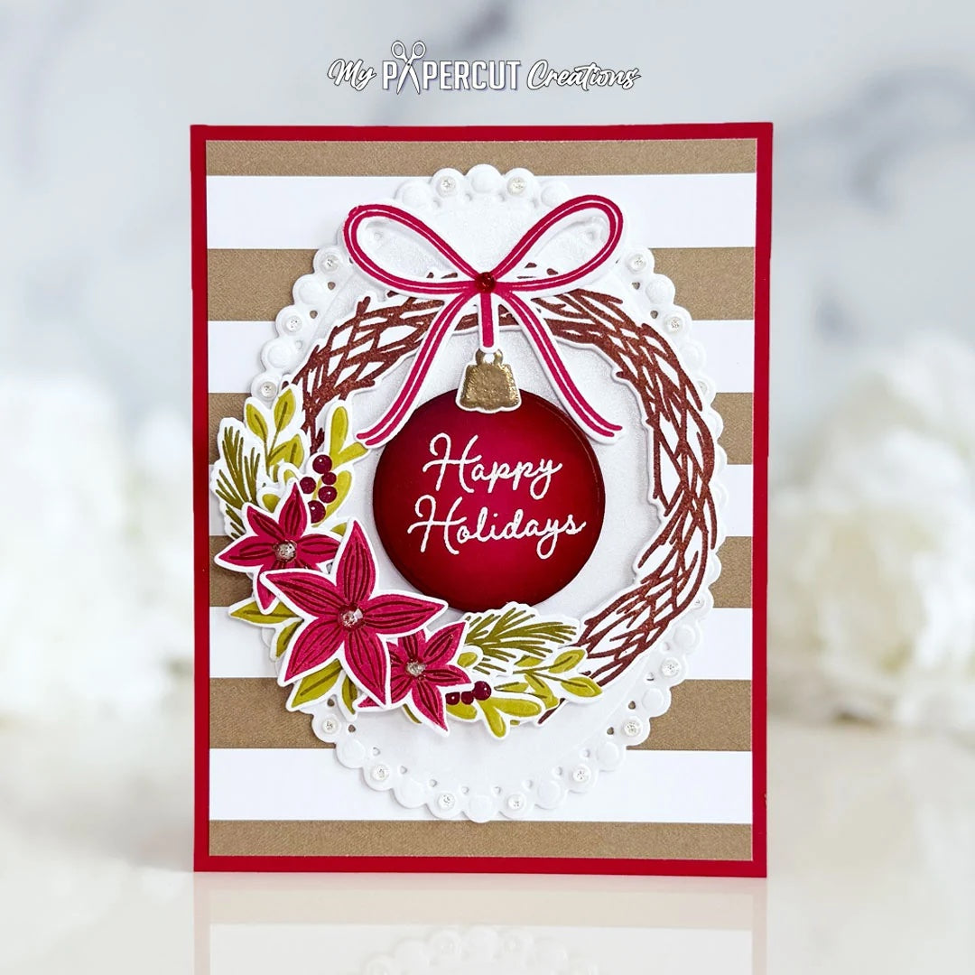 Papertrey Ink Holiday Wreath Clear Stamp and Die Set happy holidays stripes card