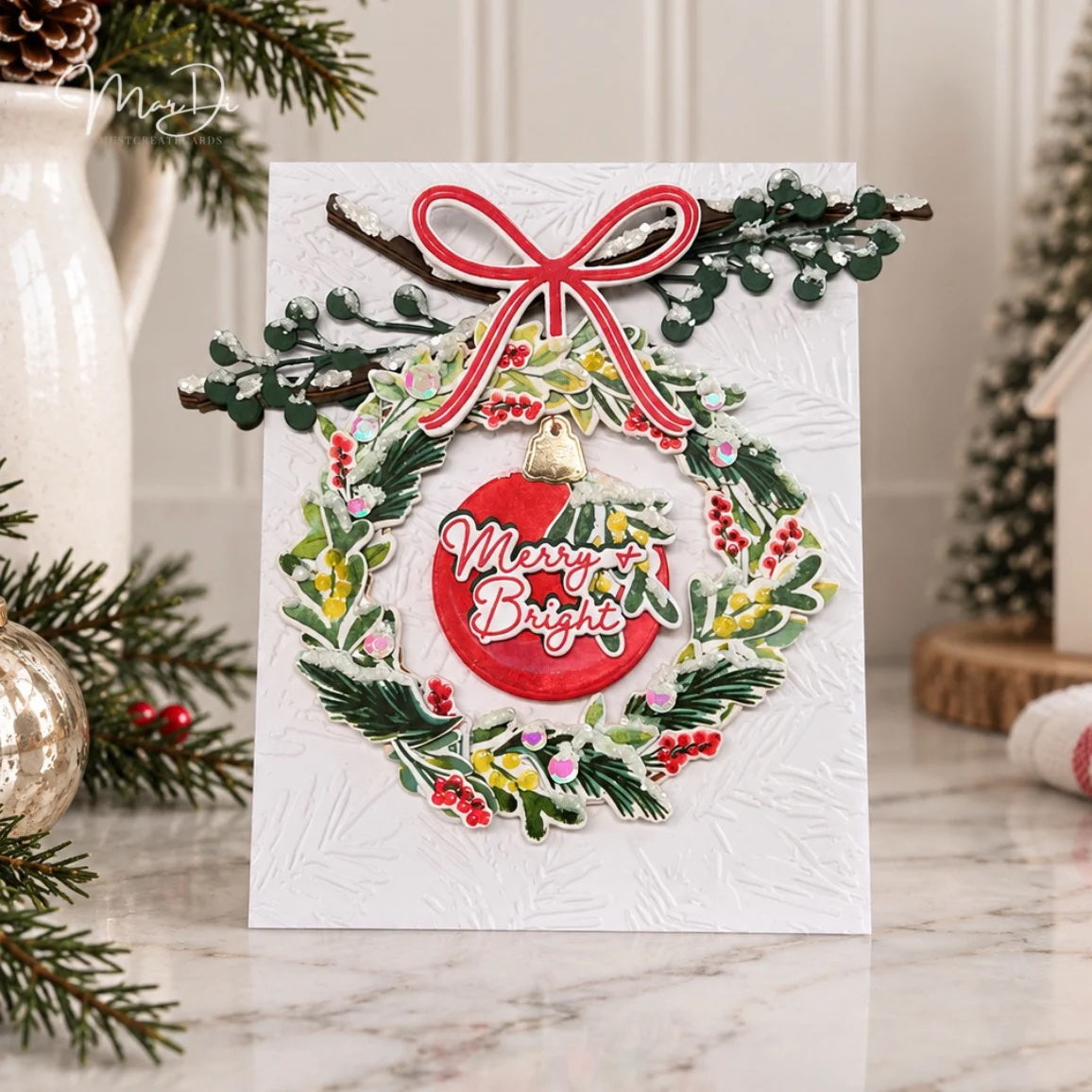 Papertrey Ink Holiday Wreath Dies pti-1141 merry and bright red bow card