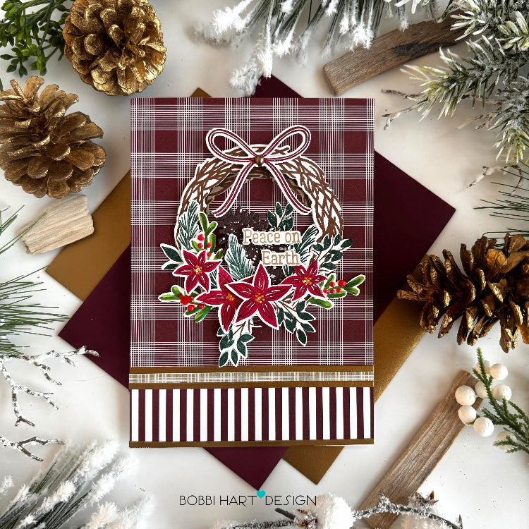 Papertrey Ink Holiday Wreath Dies pti-1141 peace on earth plaid card