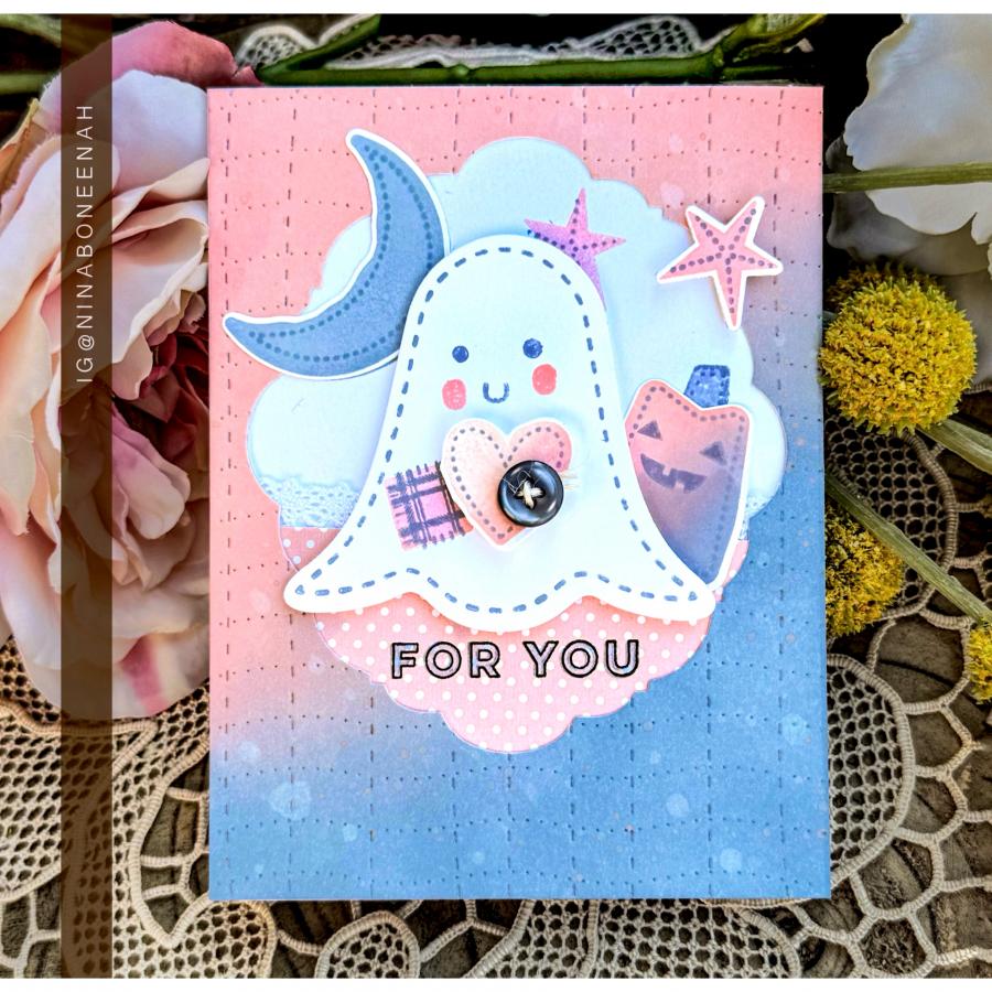Papertrey Ink In Stitches Halloween Clear Stamps 1598 pink and blue