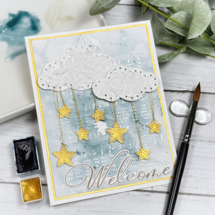 Papertrey Ink In Stitches Starry Skies Dies pti-1100 clouds stars music gold frame welcome card