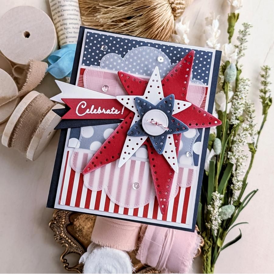 Papertrey Ink In Stitches Starry Skies Dies pti-1100 red white blue stars stripes dots button celebrate card