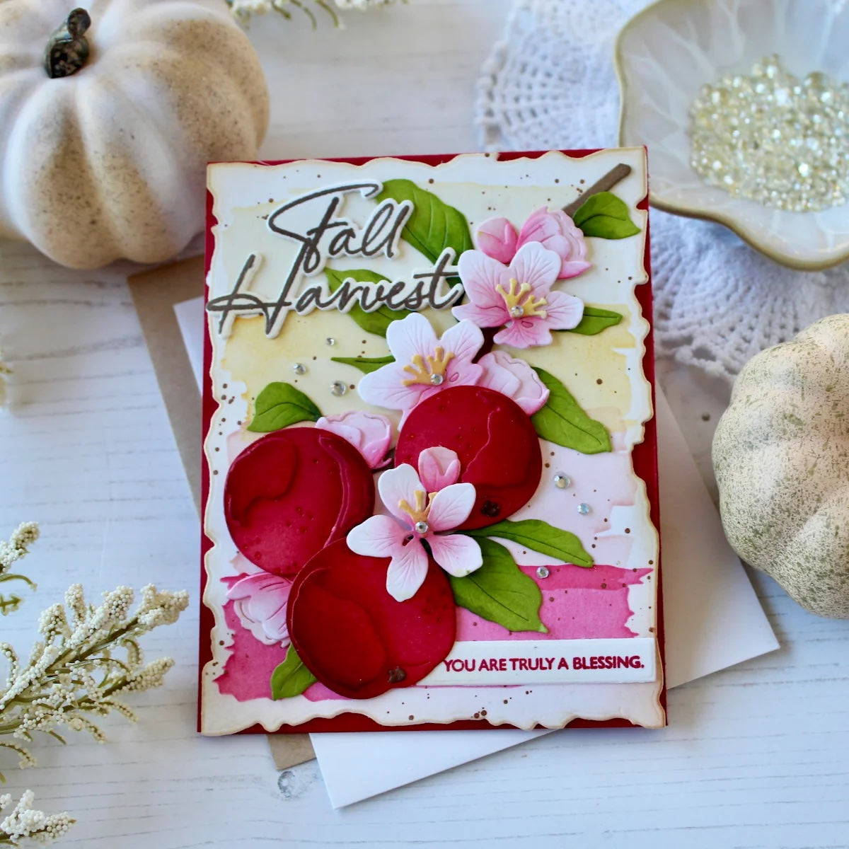 Papertrey Ink Into the Blooms Apples Dies pti-1139 pink flowers card