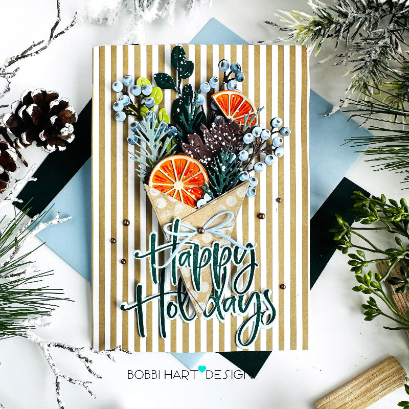 Papertrey Ink Into the Blooms Holiday Bouquet Dies pti-1150 gold striped background card