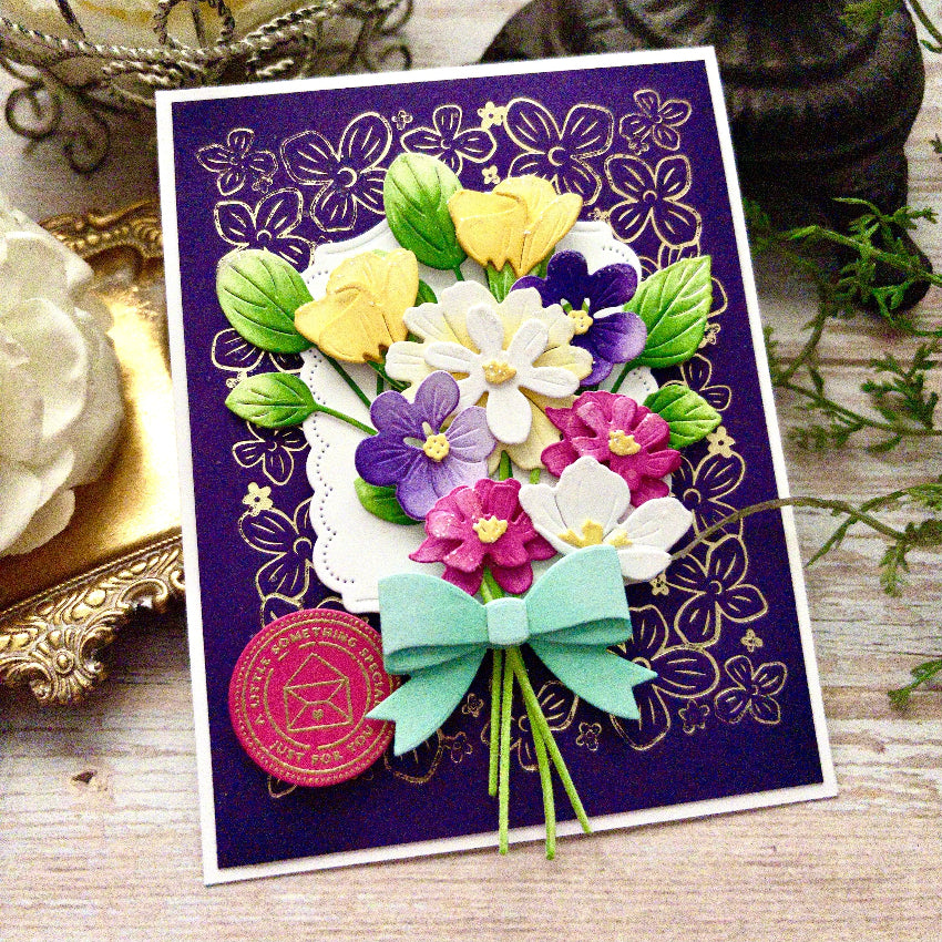 Papertrey Ink Into the Blooms Mixed Bouquet Dies pti-1117 purple flower background card