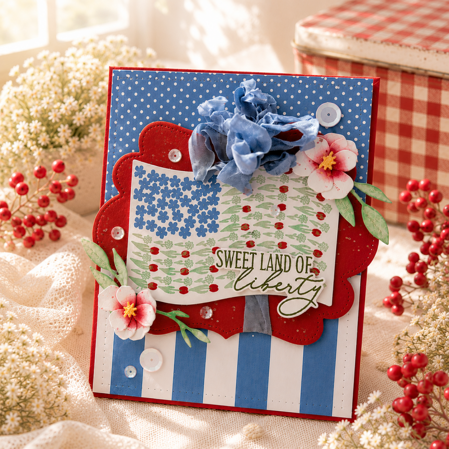 Papertrey Ink Land that I Love Sentiments Clear Stamp and Die Set red white blue flag tulips flowers dots stripes greenery sequins card
