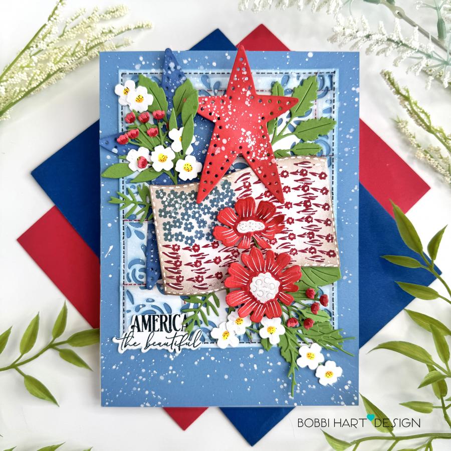 Papertrey Ink Land that I Love Sentiments Clear Stamp and Die Set red white blue stars flowers daisies greenery card