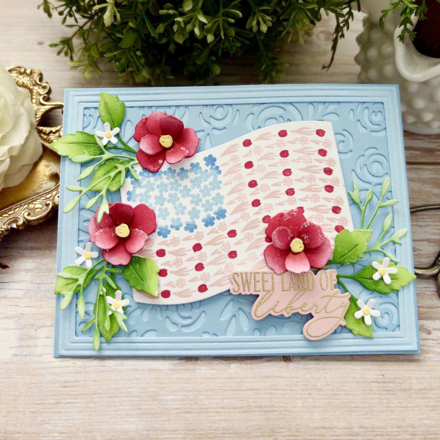 Papertrey Ink Land that I Love Sentiments Clear Stamp and Die Set red white blue stars flowers flag tulips greenery daisies card