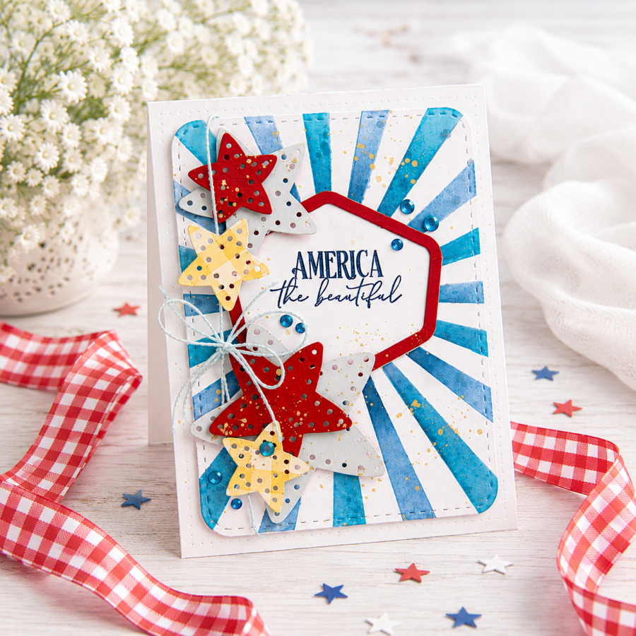 Papertrey Ink Land that I Love Sentiments Dies pti-1092 red white blue stars stripes bow card