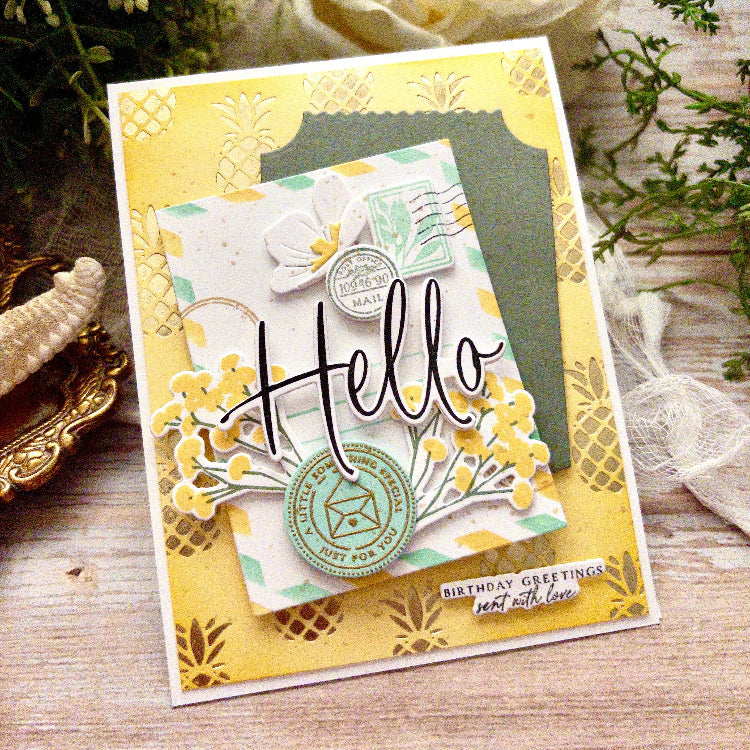 Papertrey Ink Love to Layer Ticket Dies pti-1116 yellow hello mail card