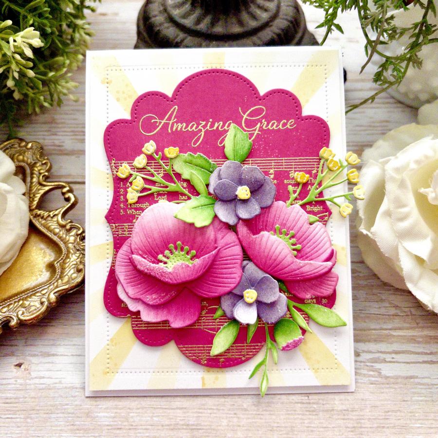 Papertrey Ink Love to Layer Whimsy Dies pti-1102 pink purple yellow flowers music greenery stripes card