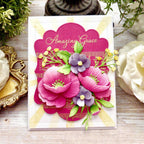Papertrey Ink Love to Layer Whimsy Dies pti-1102 pink purple yellow flowers music greenery stripes card