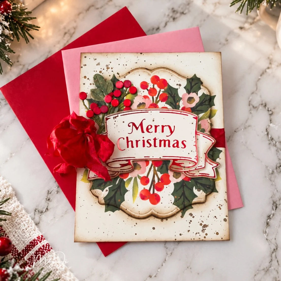 Papertrey Ink Merry Christmas Banner Press Plate Die and Stencil Set gold splatter red berries card