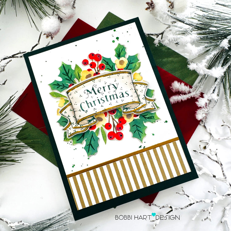 Papertrey Ink Merry Christmas Banner Press Plate Die and Stencil Set gold stripes christmas card