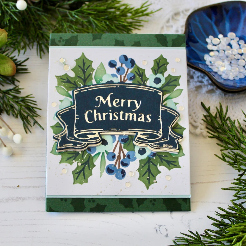 Papertrey Ink Merry Christmas Banner Press Plate Die and Stencil Set greenery blue berries card