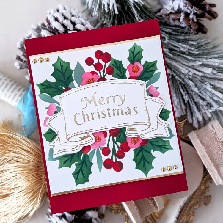 Papertrey Ink Merry Christmas Banner Press Plate and Coordinating Die Set ptif-0055 red background christmas card