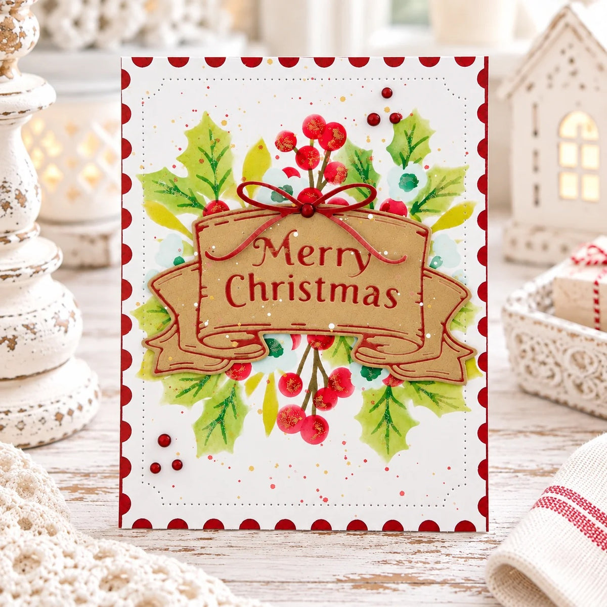 Papertrey Ink Merry Christmas Banner Stencils-0118 red berries christmas card
