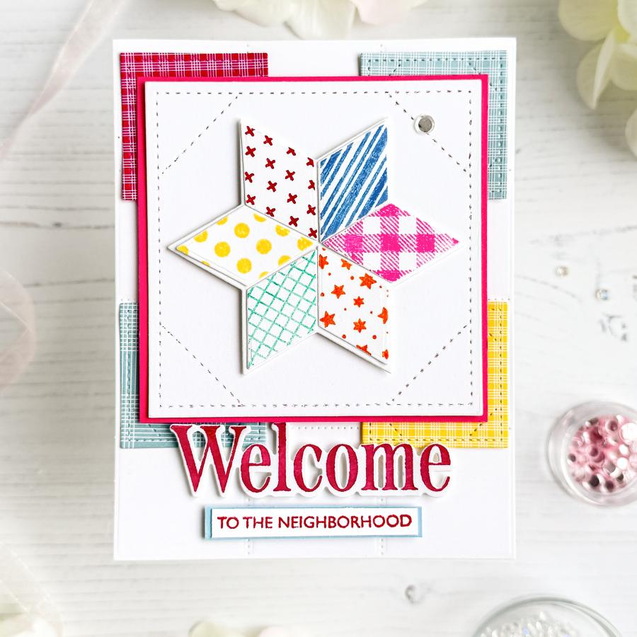 Papertrey Ink Quilt It Baby Clear Stamp and Die Set star stitches polka dots plaid stripses pink red yellow blue green squares welcome card