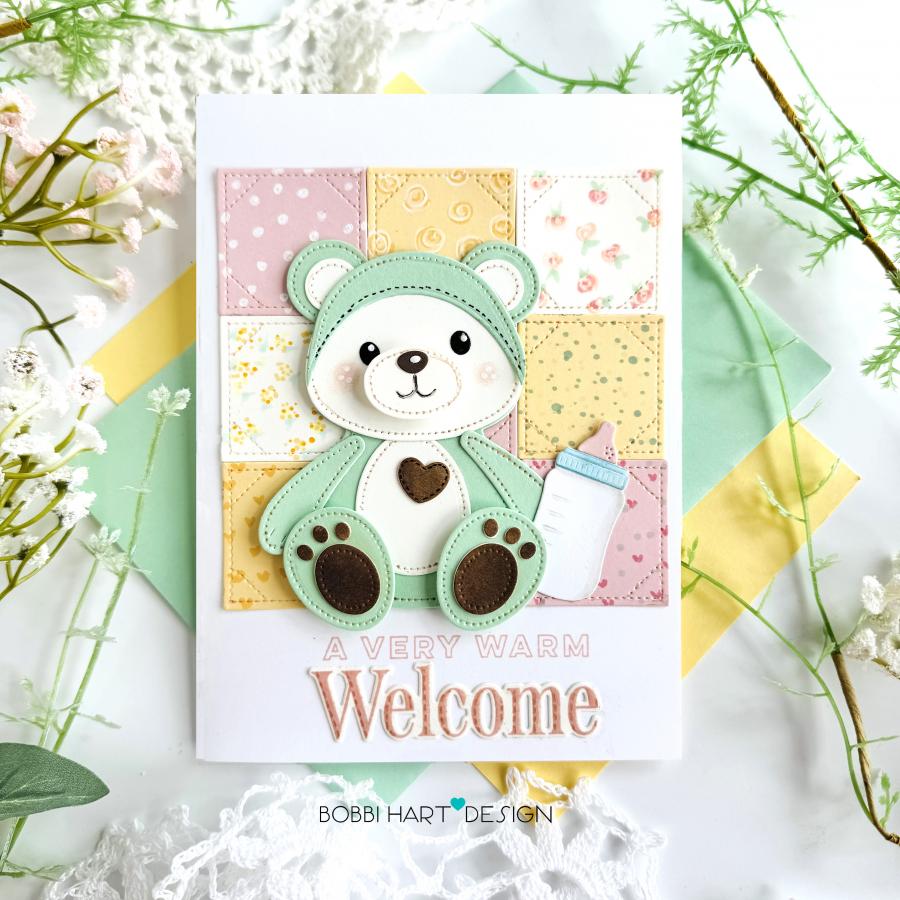 Papertrey Ink Quilt It Baby Clear Stamps 1705 blanket green bear heart baby bottle flowers dots card